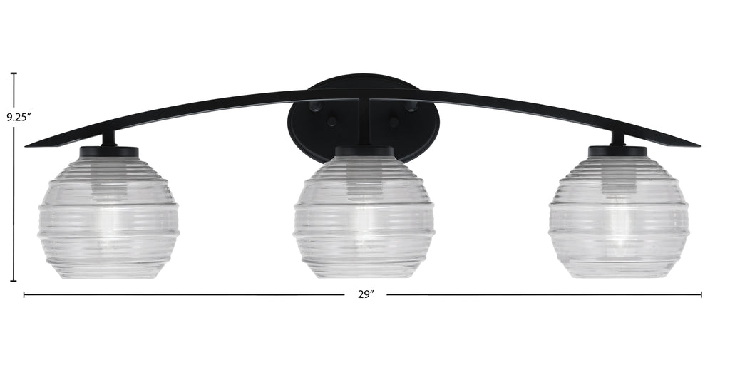Kurve Three Light Bath Bar in Matte Black with 6" Clear Ribbed Shade