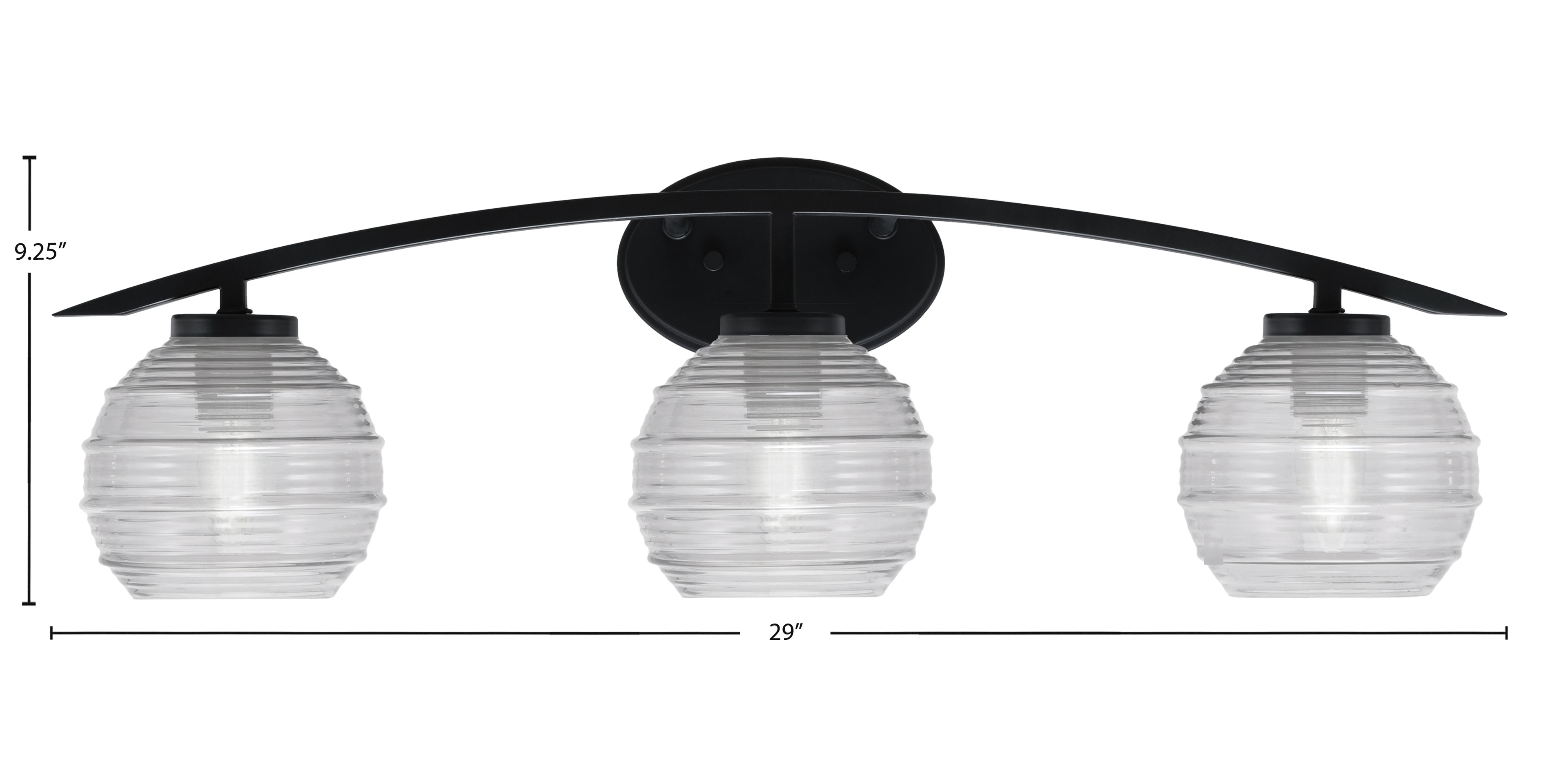 Kurve Three Light Bath Bar in Matte Black with 6" Clear Ribbed Shade