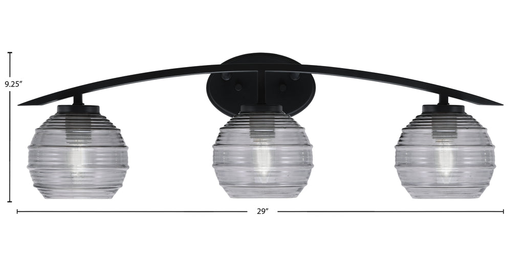 Kurve Three Light Bath Bar in Matte Black with 6" Smoke Ribbed Shade