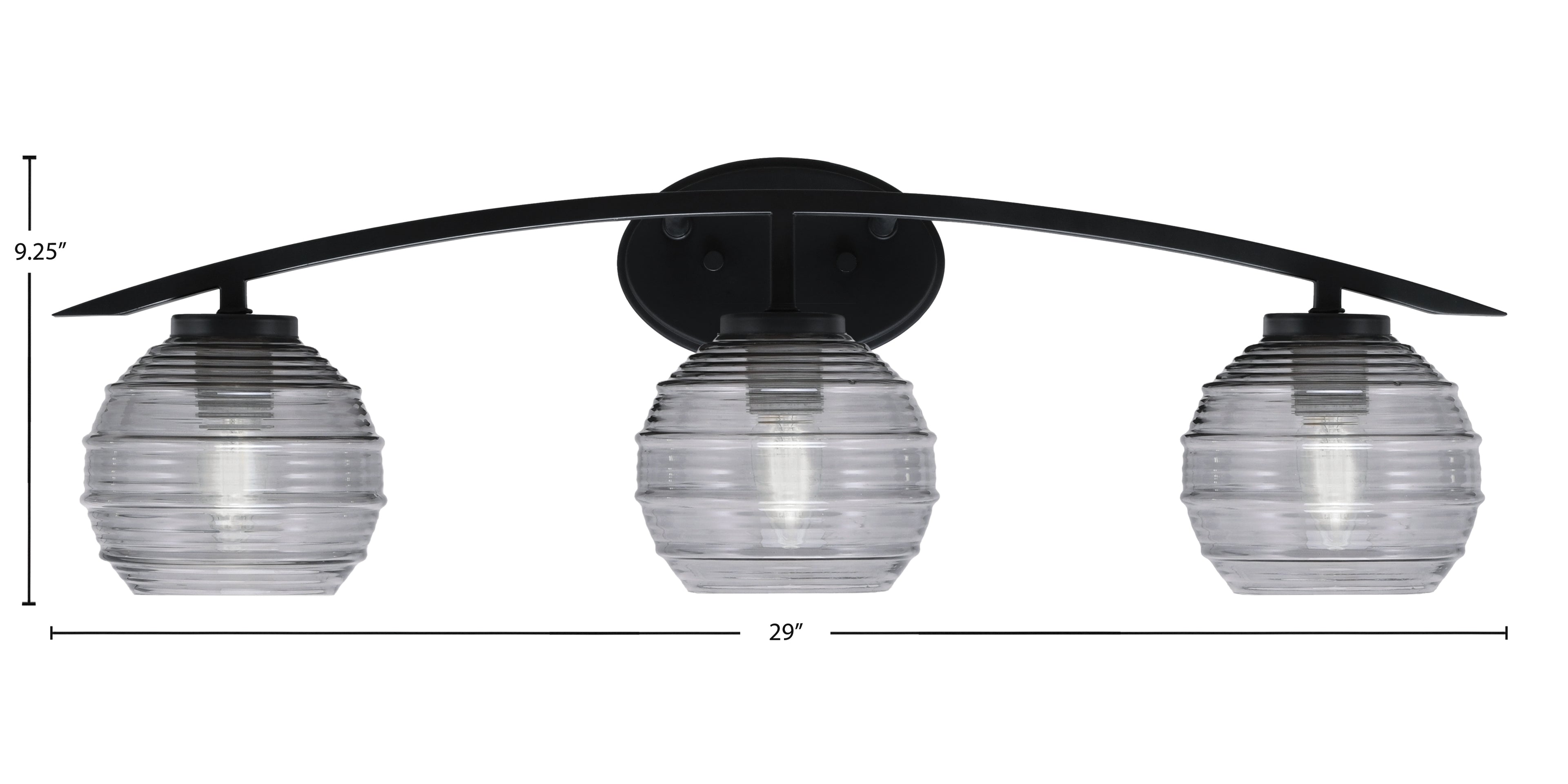 Kurve Three Light Bath Bar in Matte Black with 6" Smoke Ribbed Shade