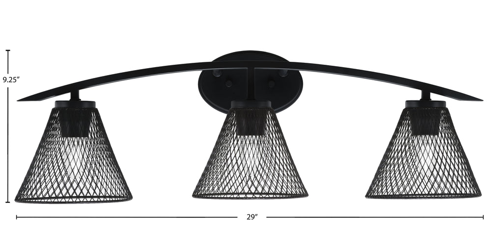 Kurve Three Light Bath Bar in Matte Black with 7" Matte Black Cone Mesh Metal Shade Shade