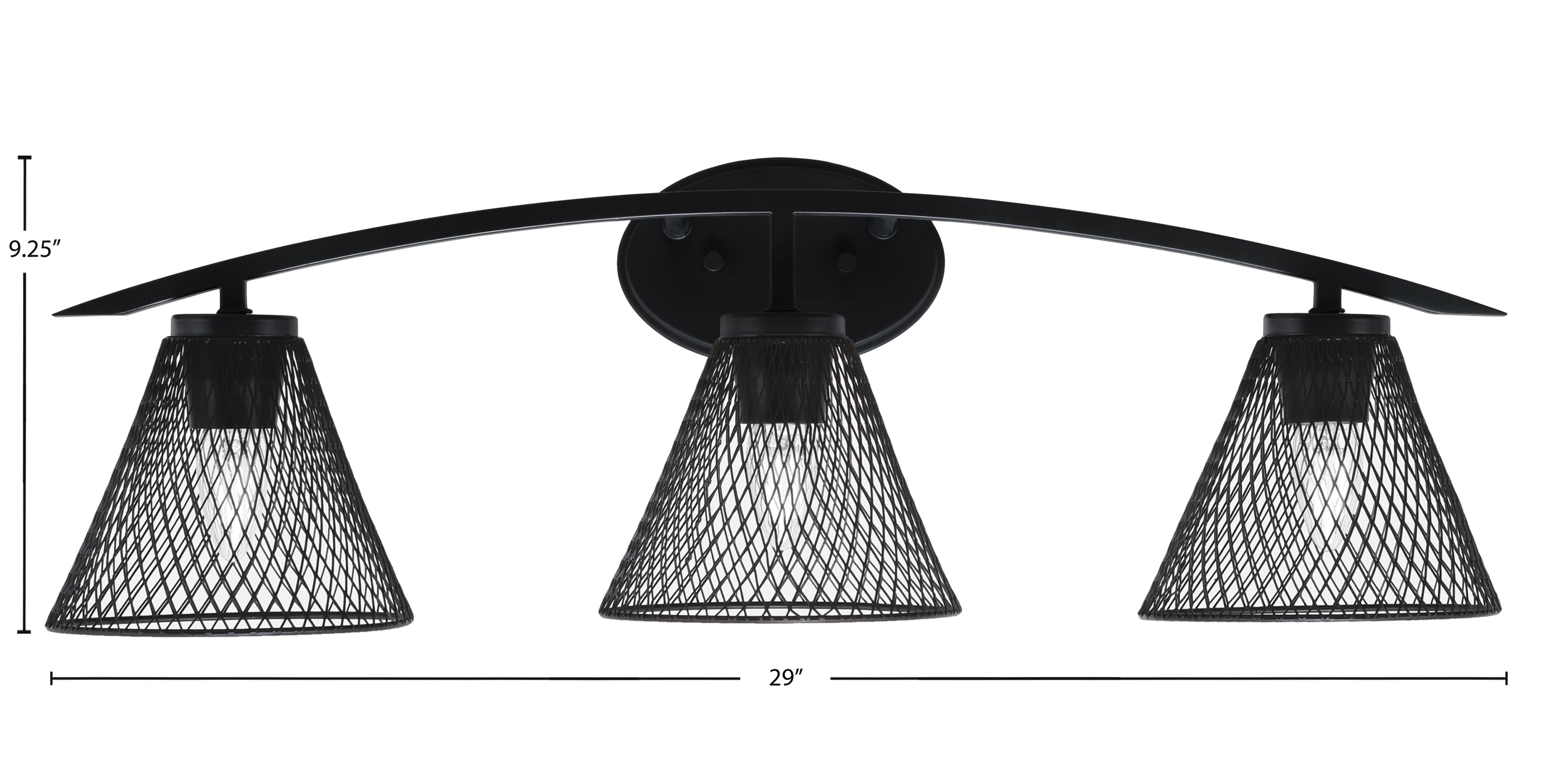 Kurve Three Light Bath Bar in Matte Black with 7" Matte Black Cone Mesh Metal Shade Shade