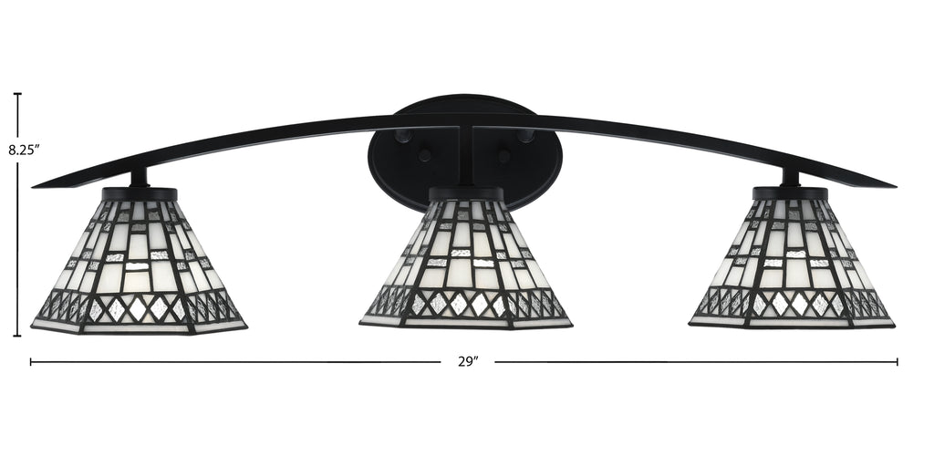 Kurve Three Light Bath Bar in Matte Black with 7" Pewter Art Glass Shade