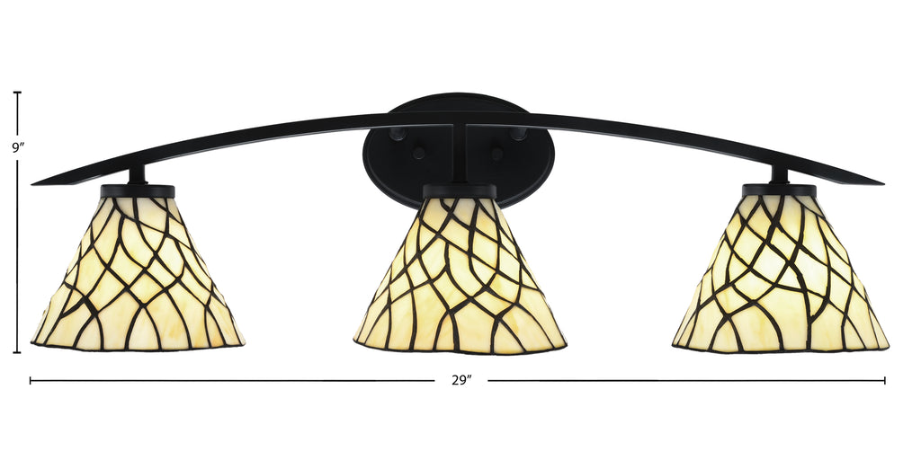 Kurve Three Light Bath Bar in Matte Black with 7" Sandhill Art Glass Shade