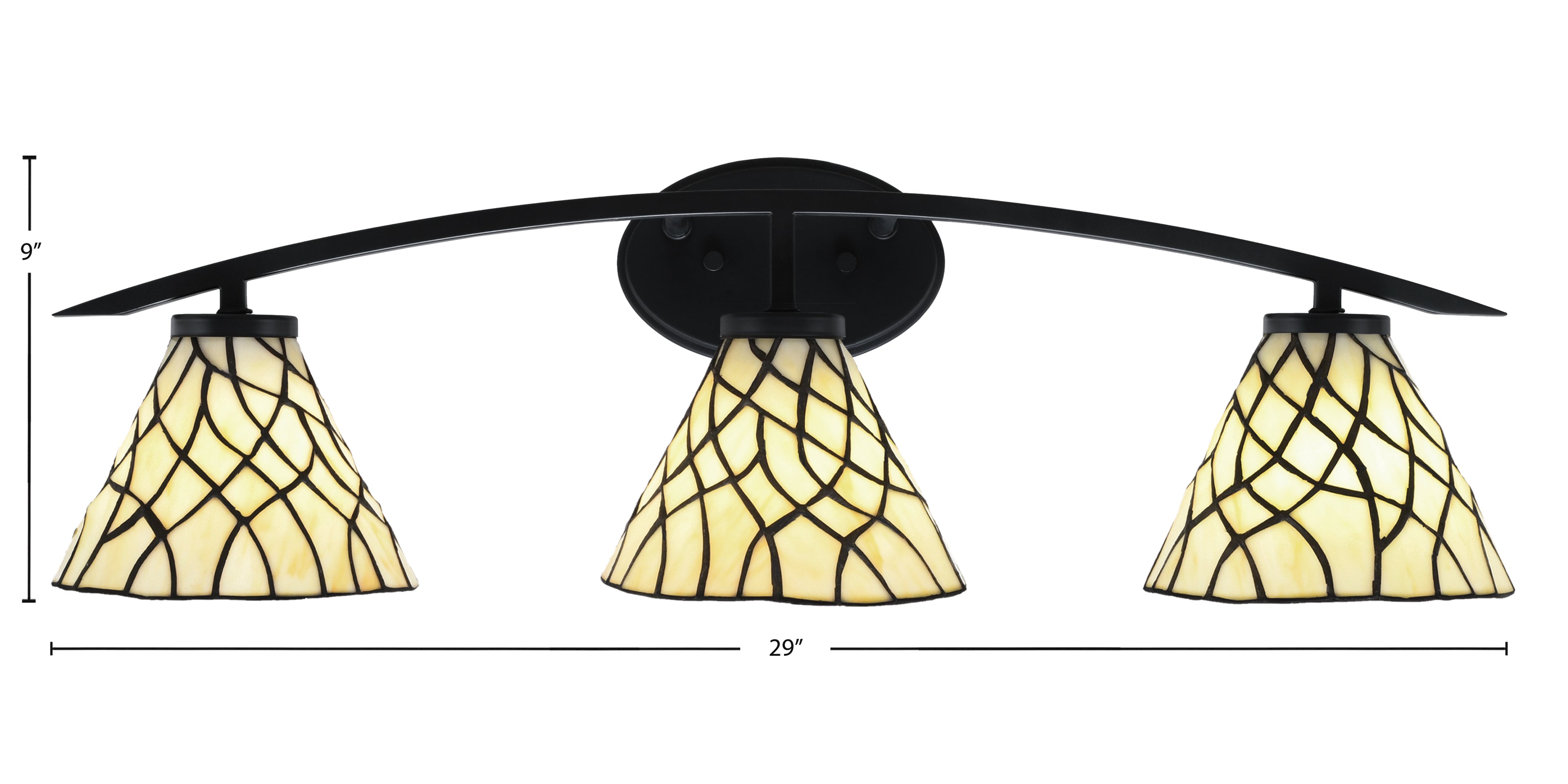 Kurve Three Light Bath Bar in Matte Black with 7" Sandhill Art Glass Shade