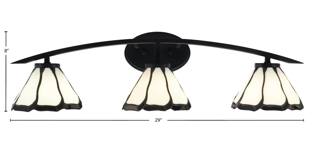 Kurve Three Light Bath Bar in Matte Black with 7" Pearl & Black Flair Art Glass Shade