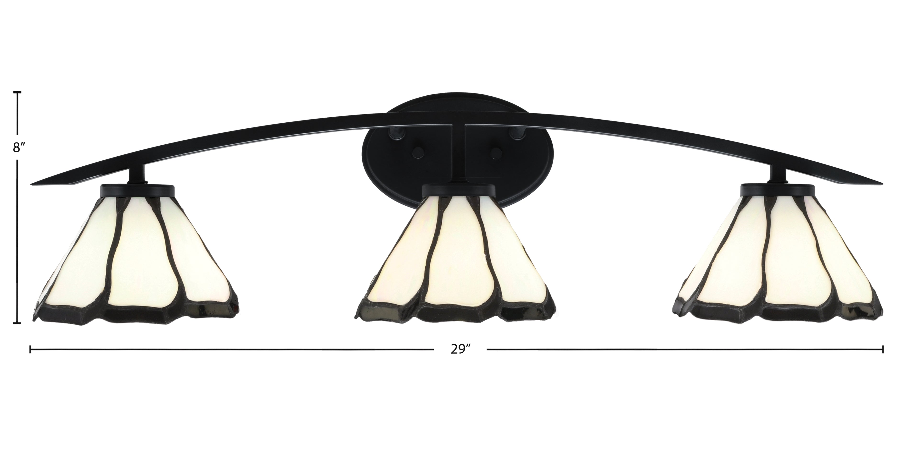 Kurve Three Light Bath Bar in Matte Black with 7" Pearl & Black Flair Art Glass Shade