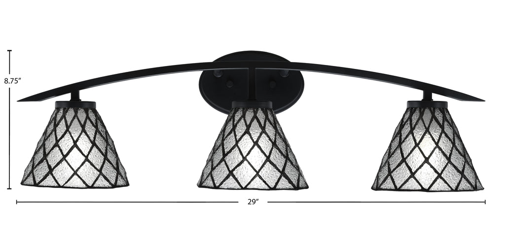 Kurve Three Light Bath Bar in Matte Black with 7" Diamond Ice Art Glass Shade