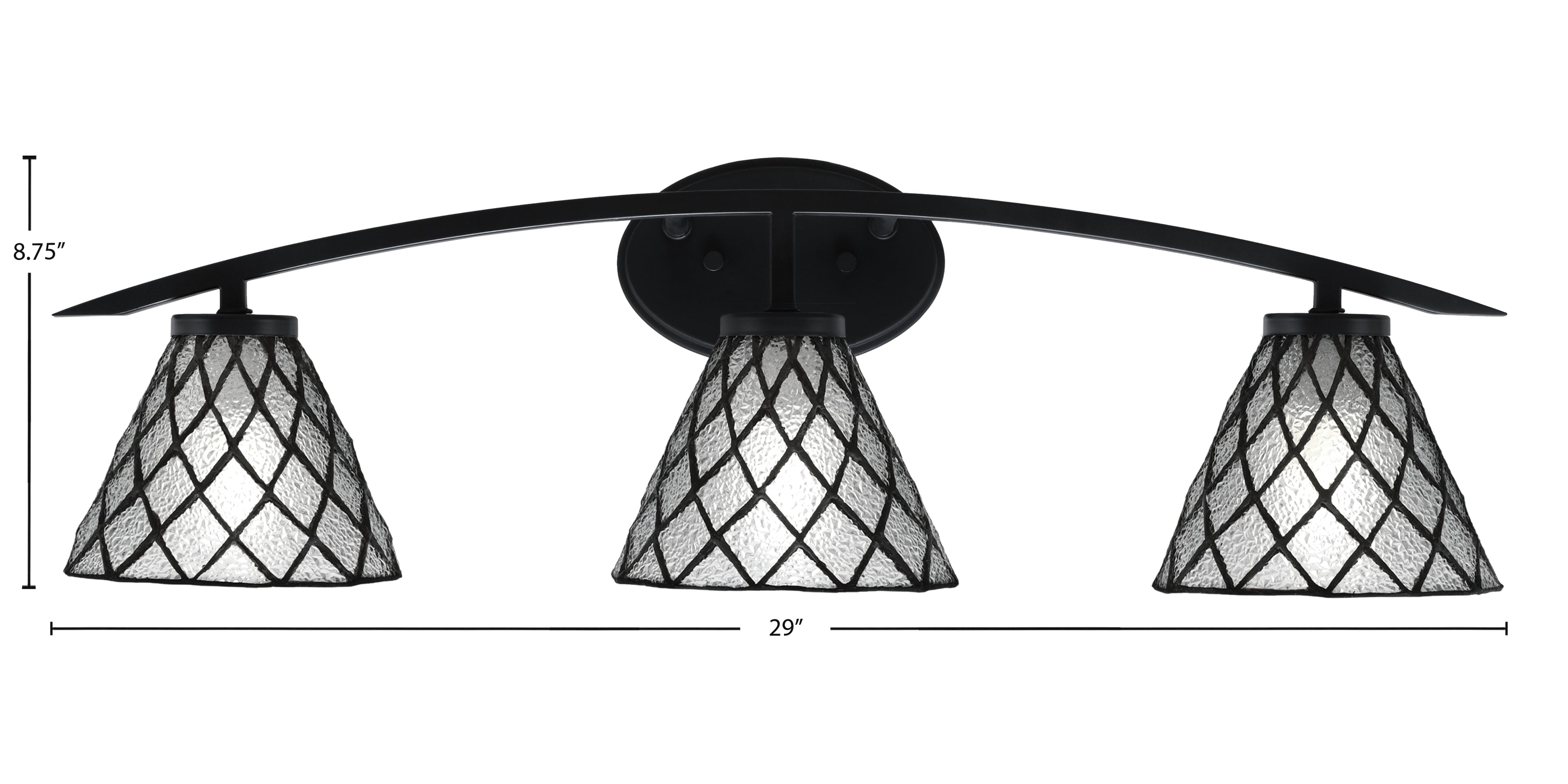 Kurve Three Light Bath Bar in Matte Black with 7" Diamond Ice Art Glass Shade