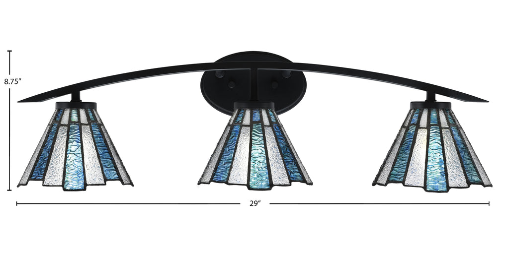 Kurve Three Light Bath Bar in Matte Black with 7" Sea Ice Art Glass Shade