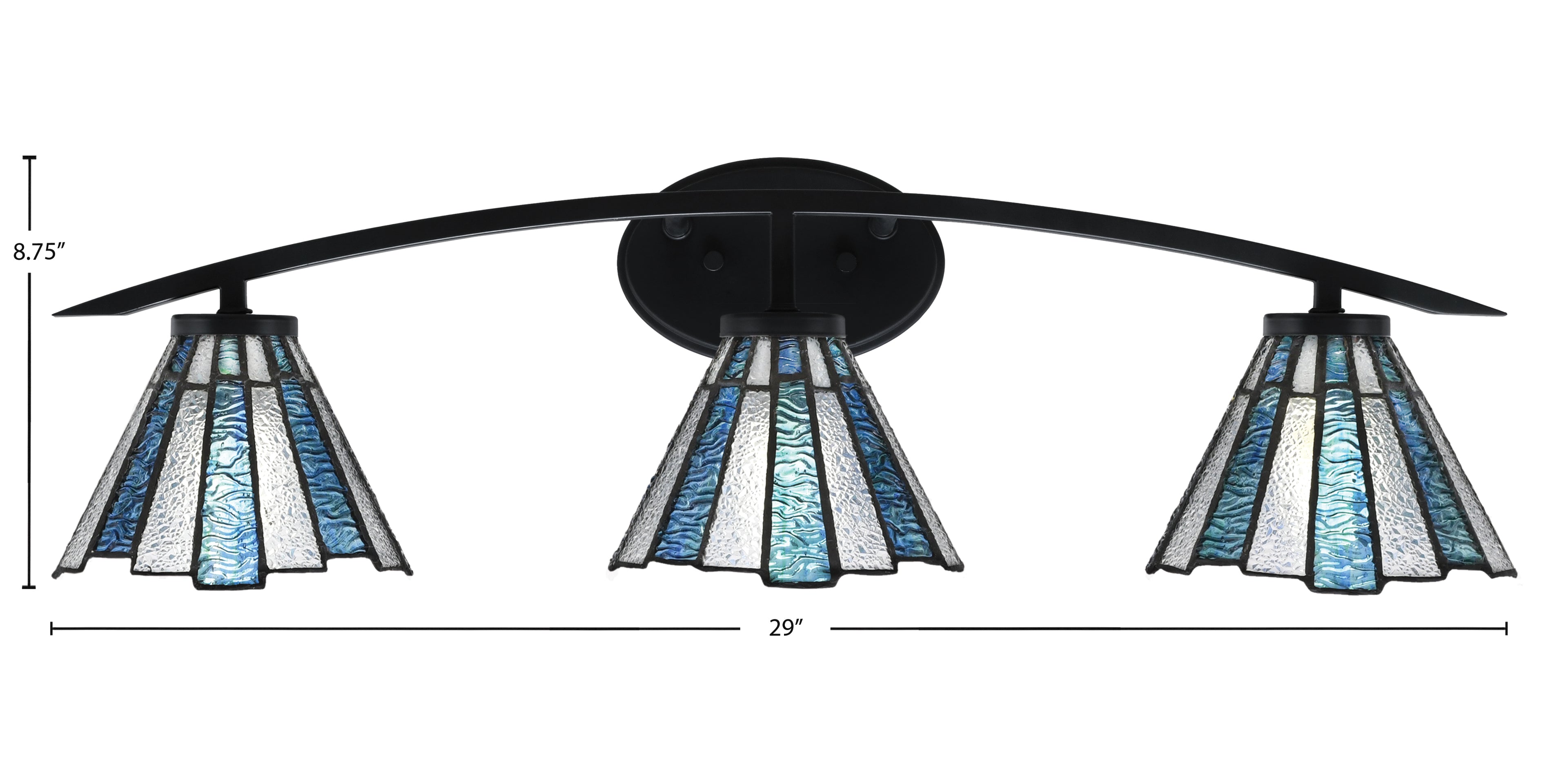 Kurve Three Light Bath Bar in Matte Black with 7" Sea Ice Art Glass Shade