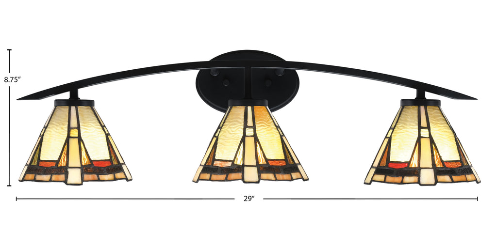 Kurve Three Light Bath Bar in Matte Black with 7" Zion Art Glass Shade