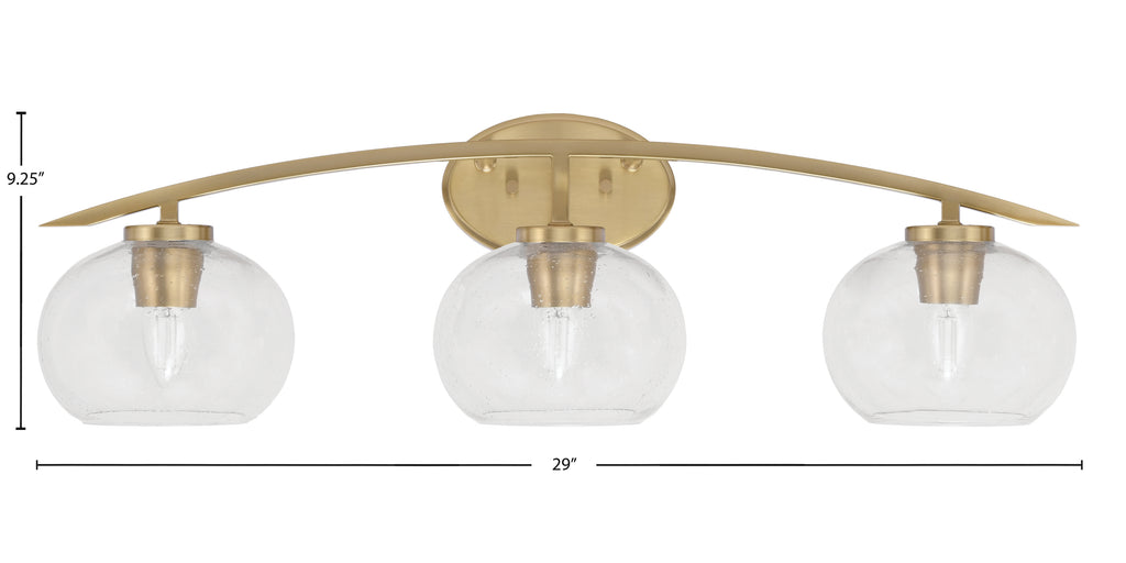 Kurve Three Light Bath Bar in New Age Brass with 7" Clear Bubble Shade