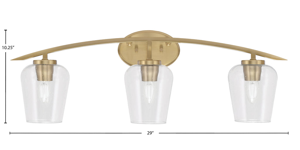 Kurve Three Light Bath Bar in New Age Brass with 5" Clear Bubble Shade