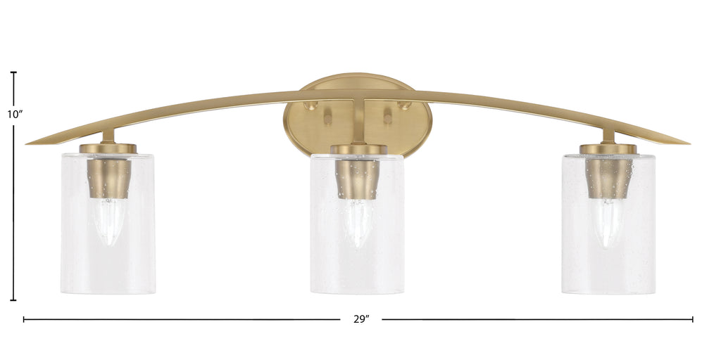 Kurve Three Light Bath Bar in New Age Brass with 4" Clear Bubble Shade