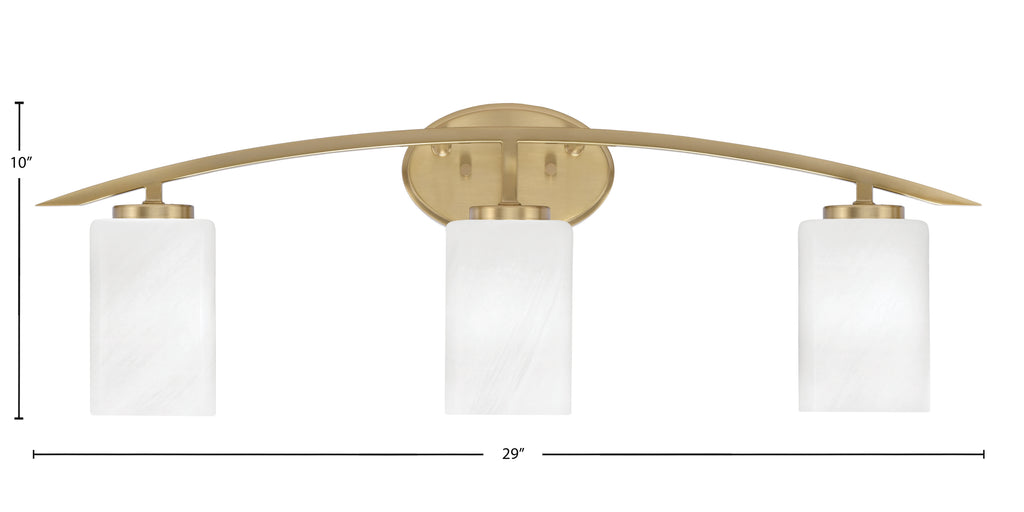 Kurve Three Light Bath Bar in New Age Brass with 4" White Marble Shade