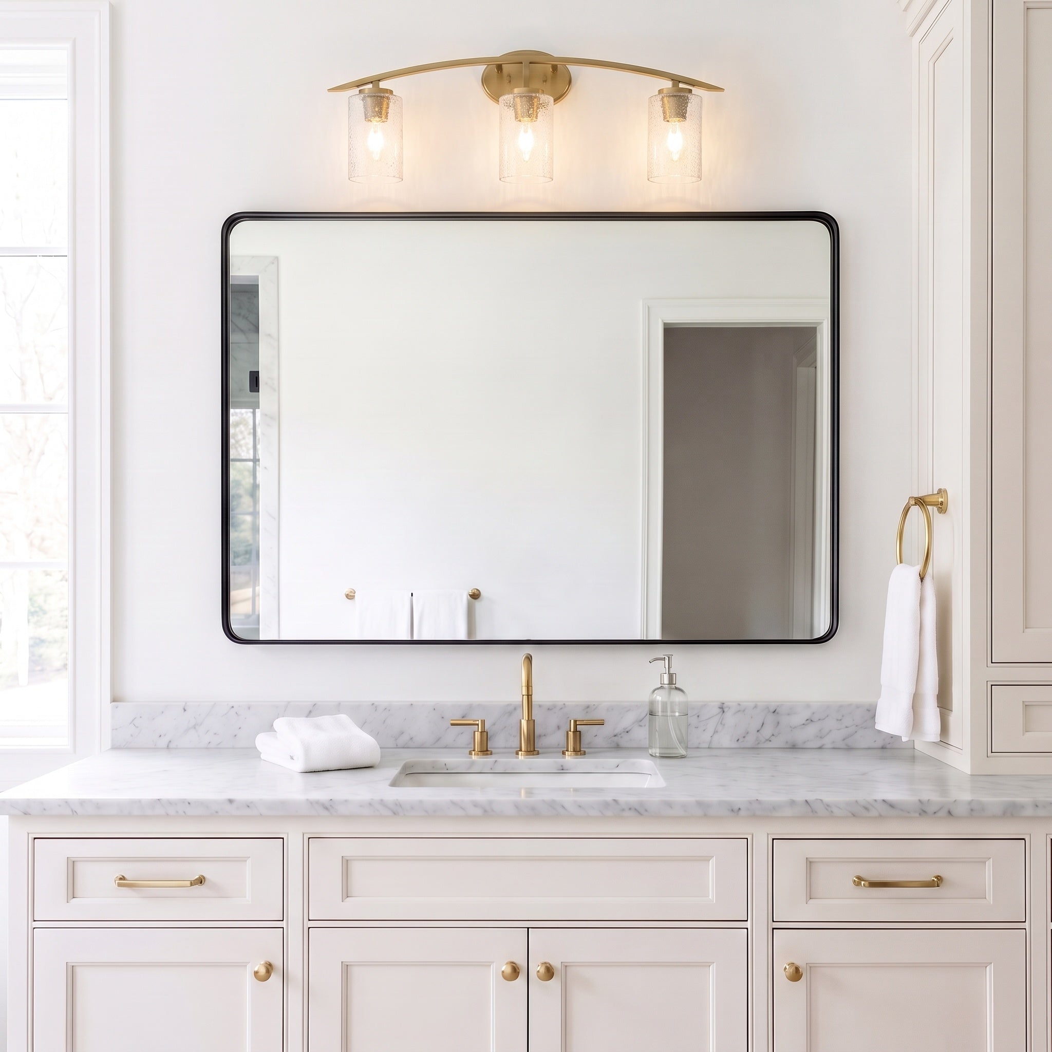 Kurve Three Light Bath Bar in New Age Brass with 4" Smoke Bubble Shade