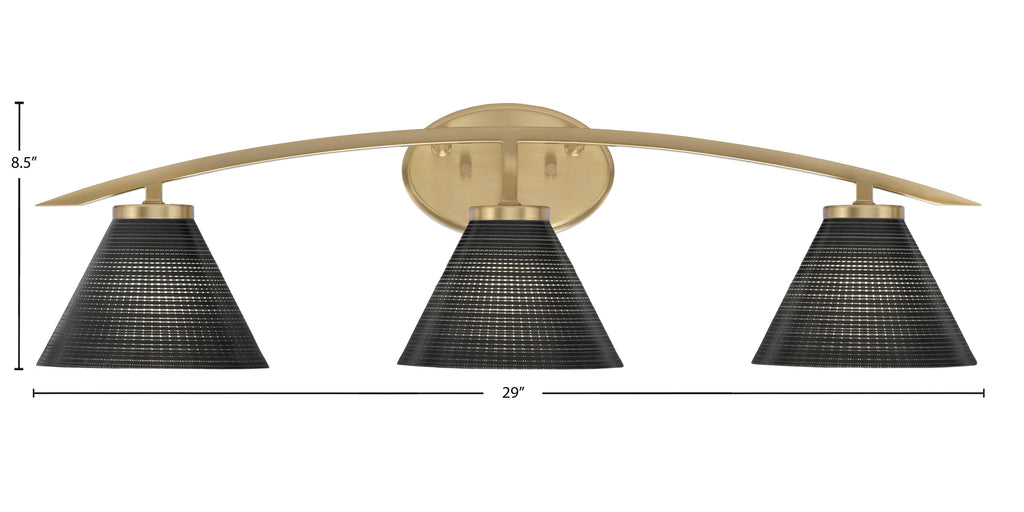 Kurve Three Light Bath Bar in New Age Brass with 7" Black Matrix Shade