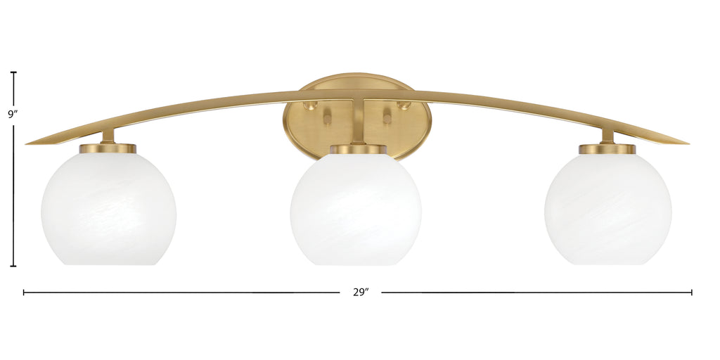 Kurve Three Light Bath Bar in New Age Brass with 5.75" White Marble Shade