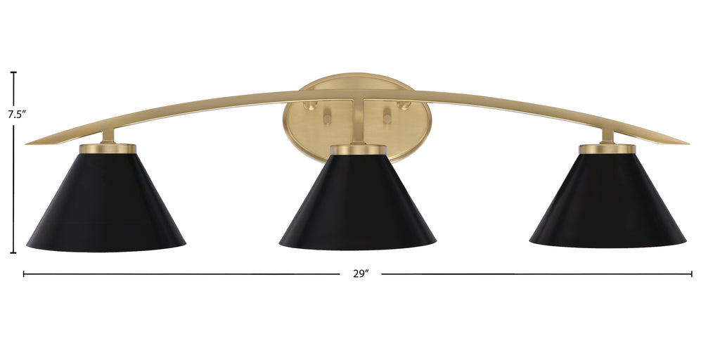 Kurve Three Light Bath Bar in New Age Brass with 7" Matte Black Cone Metal Shade Shade