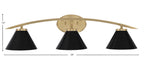 Kurve Three Light Bath Bar in New Age Brass with 7" Matte Black Cone Metal Shade Shade