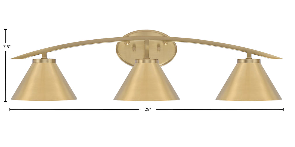 Kurve Three Light Bath Bar in New Age Brass with 7" New Age Brass Cone Metal Shade Shade