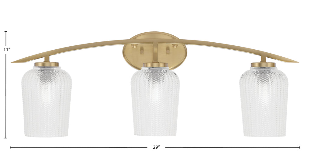 Kurve Three Light Bath Bar in New Age Brass with 5" Clear Textured Shade