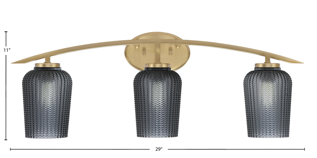 Kurve Three Light Bath Bar in New Age Brass with 5" Smoke Textured Shade