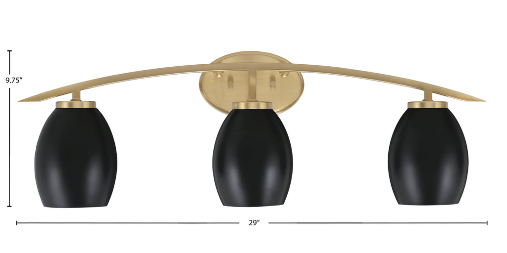 Kurve Three Light Bath Bar in New Age Brass with 5" Matte Black Oval Metal Shade Shade