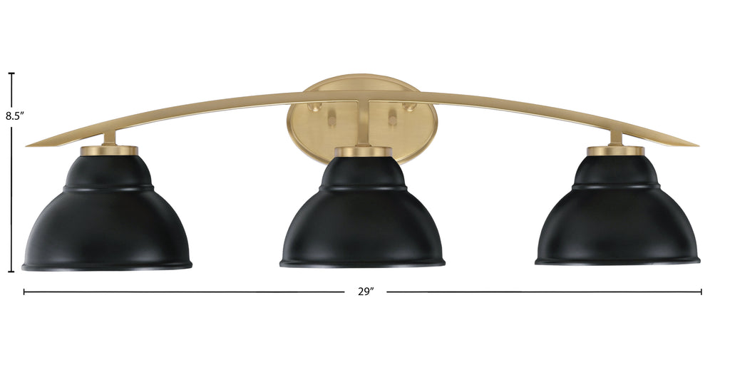 Kurve Three Light Bath Bar in New Age Brass with 7" Matte Black Double Bubble Metal Shade Shade