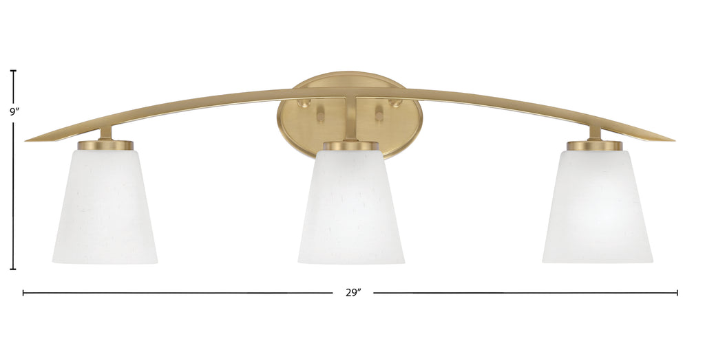 Kurve Three Light Bath Bar in New Age Brass with 4.5" Square White Muslin Shade