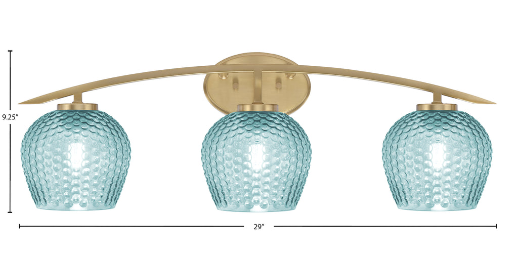 Kurve Three Light Bath Bar in New Age Brass with 6" Turquoise Textured Shade