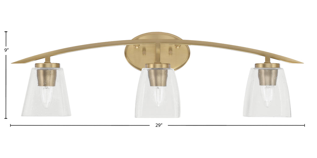 Kurve Three Light Bath Bar in New Age Brass with 4.5" Square Clear Bubble Shade
