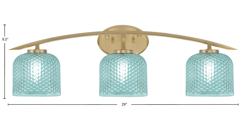 Kurve Three Light Bath Bar in New Age Brass with 6" Turquoise Textured Shade