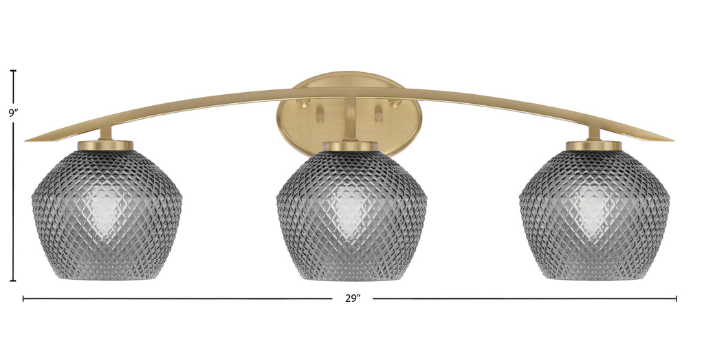 Kurve Three Light Bath Bar in New Age Brass with 6" Smoke Textured Shade