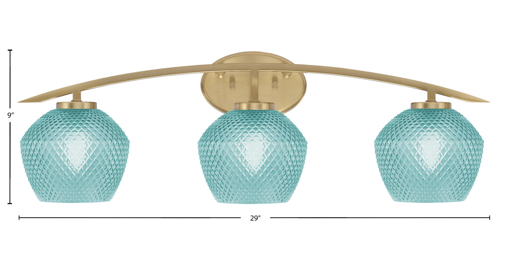 Kurve Three Light Bath Bar in New Age Brass with 6" Turquoise Textured Shade