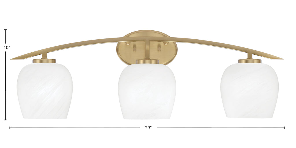 Kurve Three Light Bath Bar in New Age Brass with 6" White Marble Shade