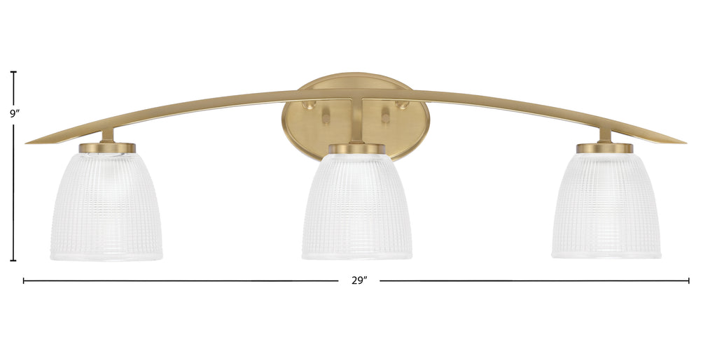 Kurve Three Light Bath Bar in New Age Brass with 5" Clear Ribbed Shade
