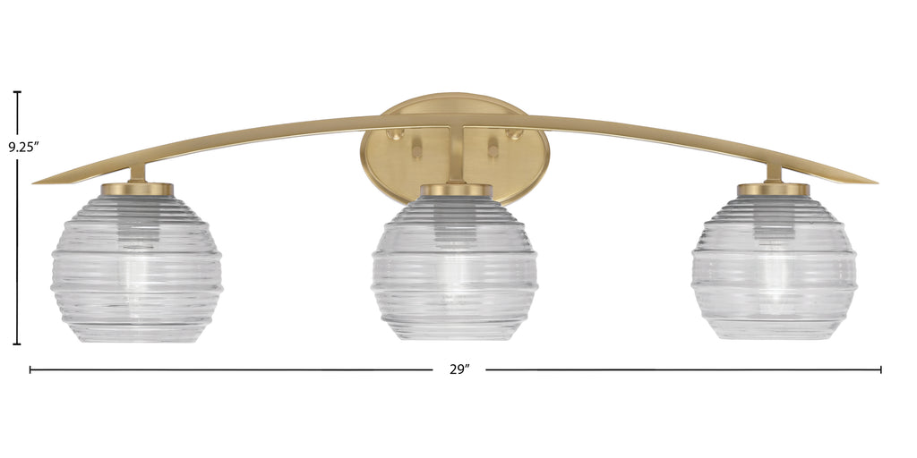 Kurve Three Light Bath Bar in New Age Brass with 6" Clear Ribbed Shade