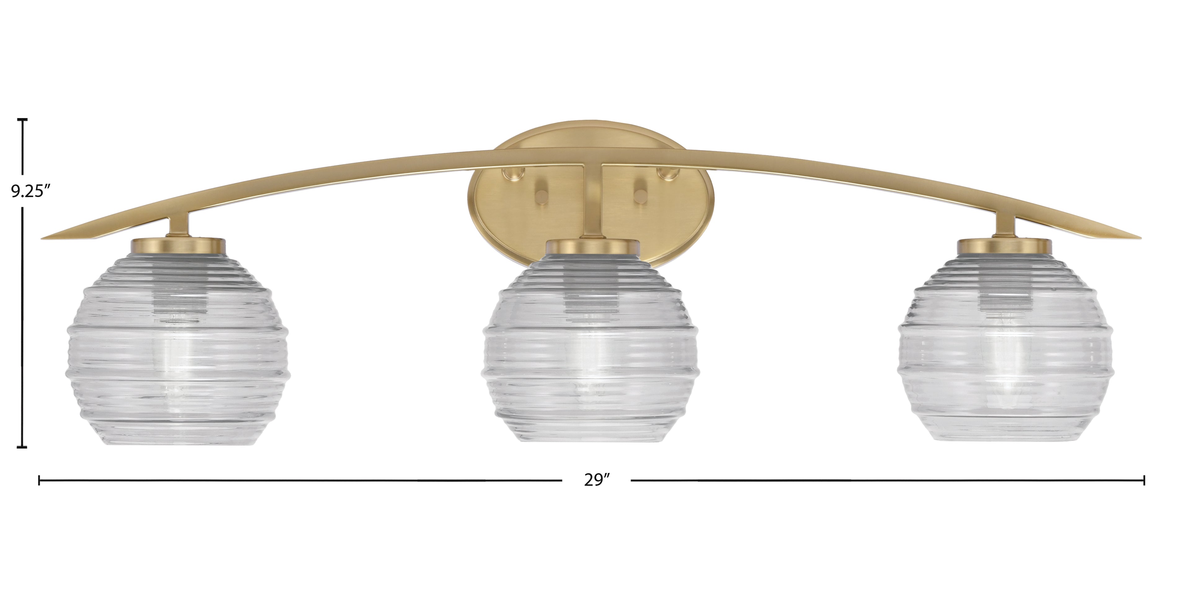 Kurve Three Light Bath Bar in New Age Brass with 6" Clear Ribbed Shade