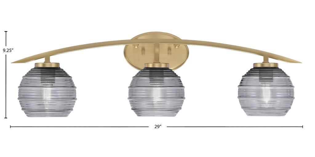 Kurve Three Light Bath Bar in New Age Brass with 6" Smoke Ribbed Shade