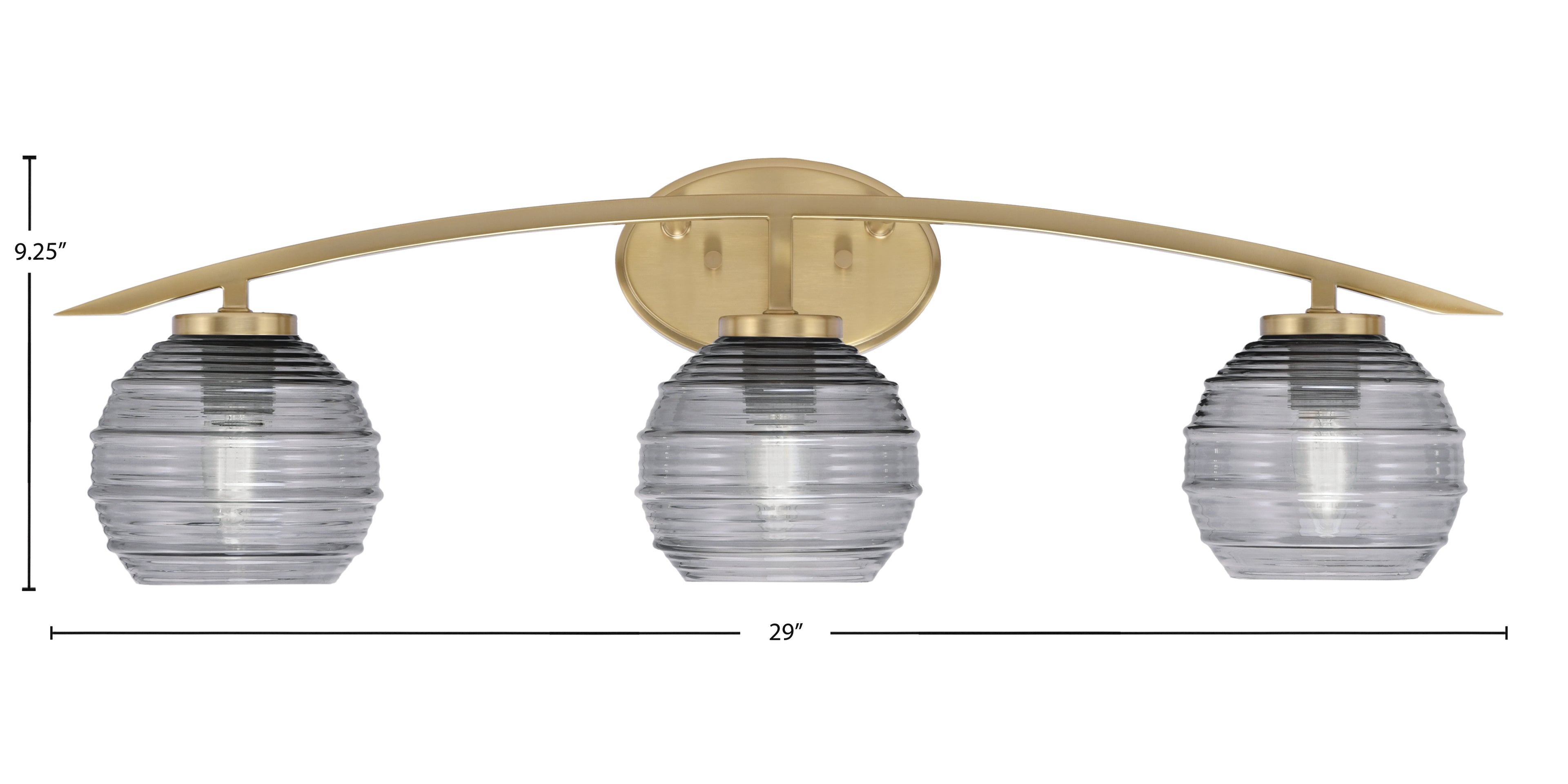 Kurve Three Light Bath Bar in New Age Brass with 6" Smoke Ribbed Shade