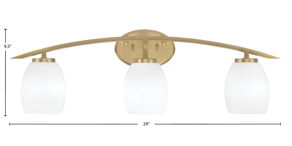 Kurve Three Light Bath Bar in New Age Brass with 5" White Linen Shade
