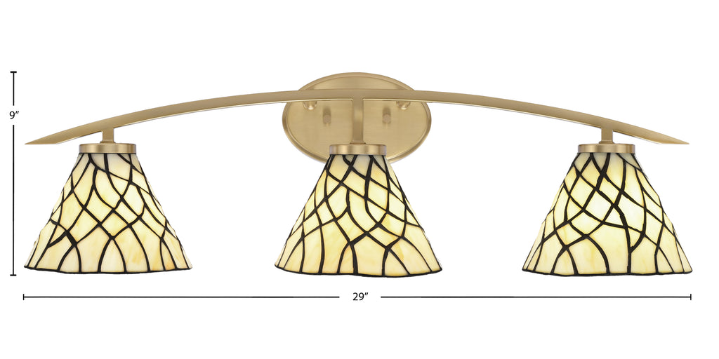 Kurve Three Light Bath Bar in New Age Brass with 7" Sandhill Art Glass Shade