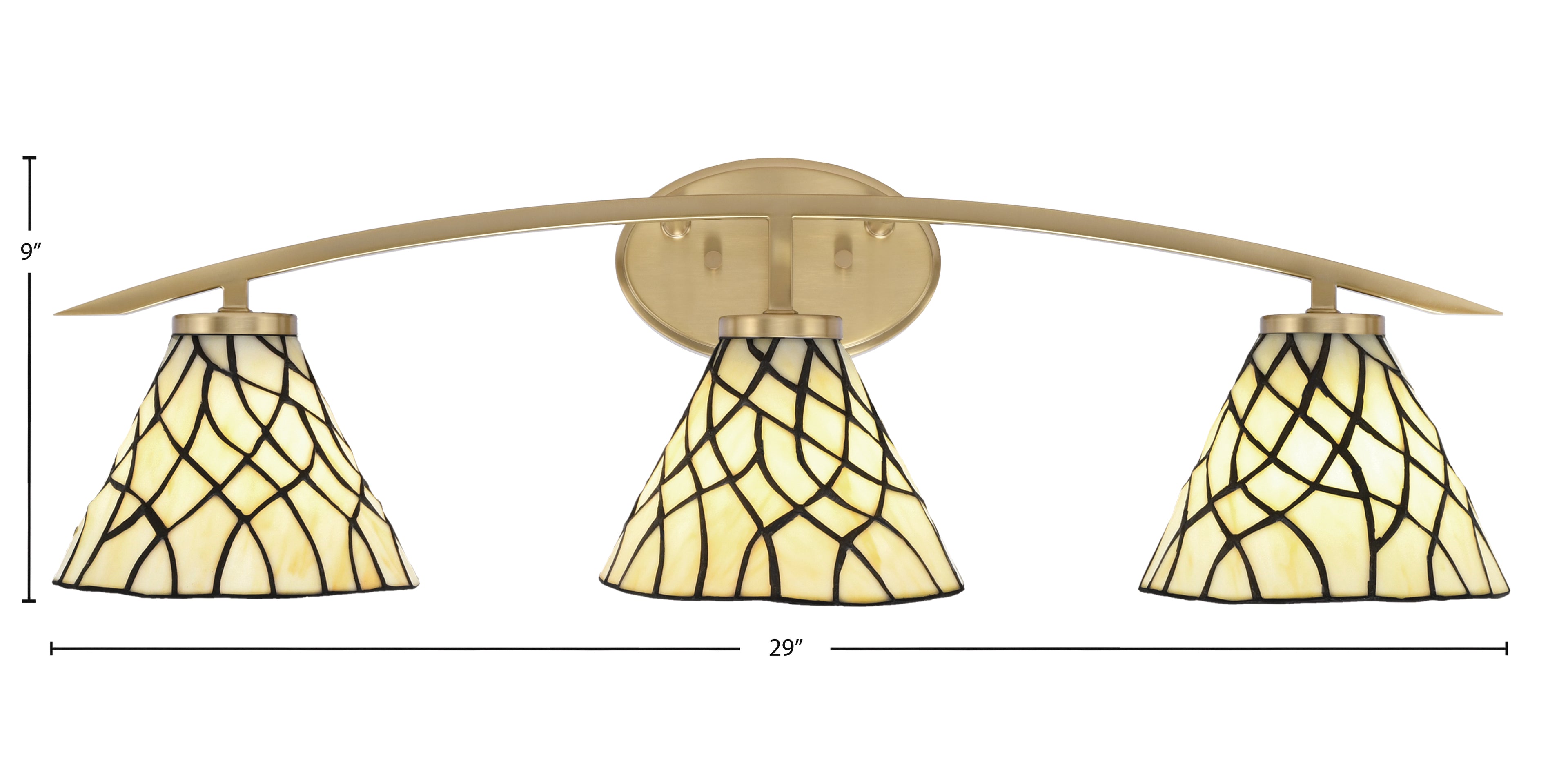 Kurve Three Light Bath Bar in New Age Brass with 7" Sandhill Art Glass Shade