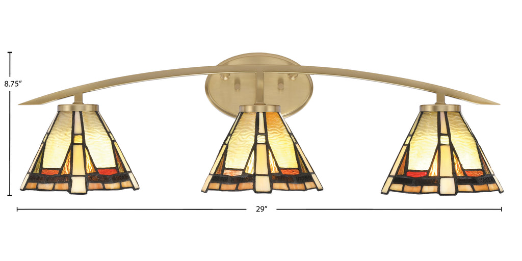 Kurve Three Light Bath Bar in New Age Brass with 7" Zion Art Glass Shade