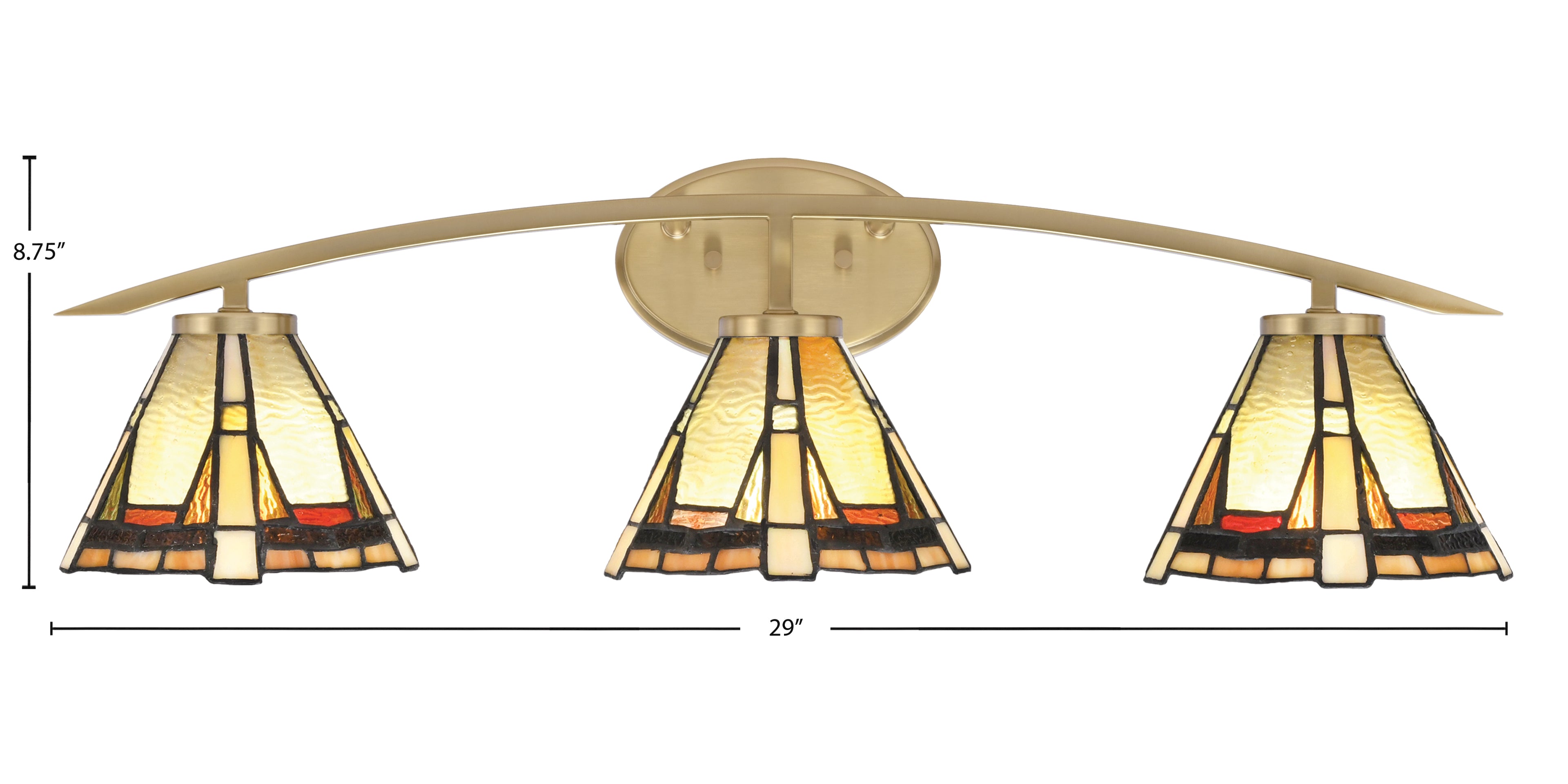 Kurve Three Light Bath Bar in New Age Brass with 7" Zion Art Glass Shade