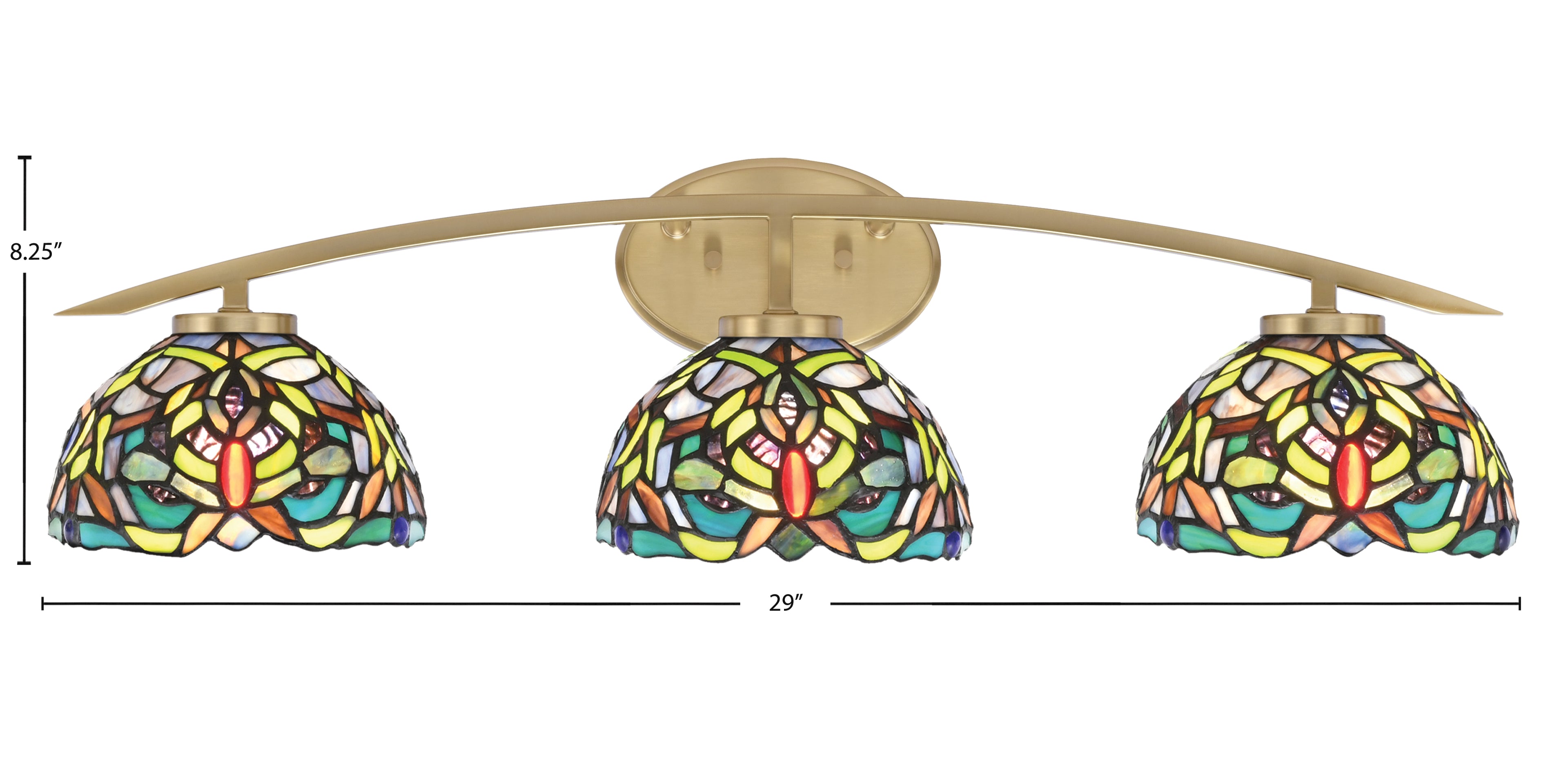 Kurve Three Light Bath Bar in New Age Brass with 7" Kaleidoscope Art Glass Shade