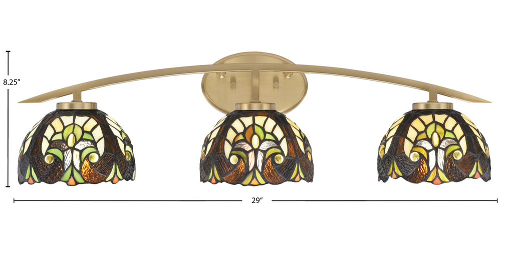 Kurve Three Light Bath Bar in New Age Brass with 7" Ivory Cypress Art Glass Shade