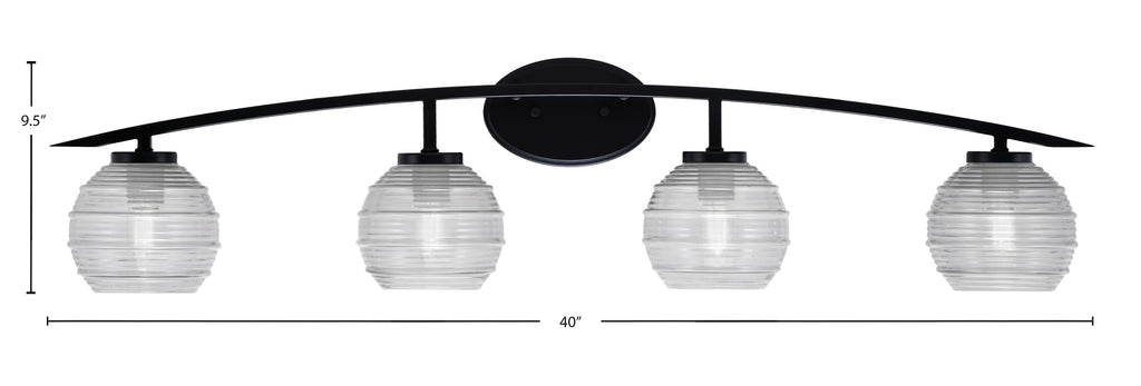 Kurve Four Light Bath Bar in Matte Black with Clear Ribbed Shade